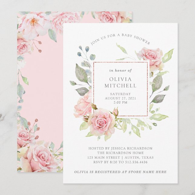 Bountiful Roses | Elegant Pink Floral Baby Shower Invitation (Front/Back)