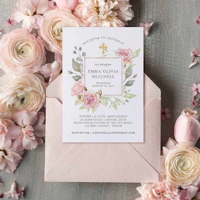 Bountiful Roses | Elegant Pink Floral Baptism Invitation (Creator Uploaded)