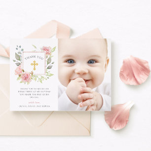 Bountiful Roses Elegant Pink Floral Baptism Photo Thank You Card