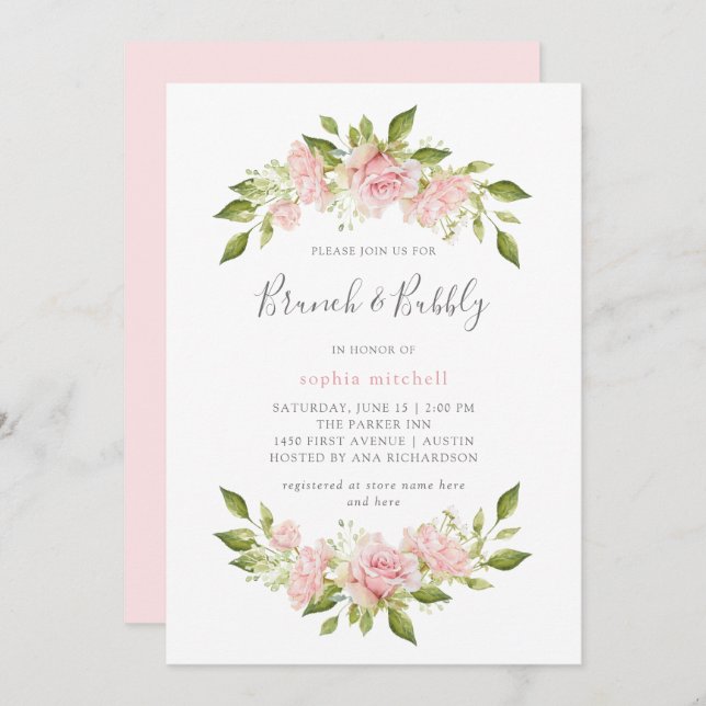 Bountiful Roses | Pink Floral Brunch and Bubbly Invitation (Front/Back)