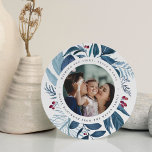 Bountiful | Round Hanukkah Photo Holiday Card<br><div class="desc">Elegant Hanukkah photo card in a unique round shape features a favourite photo surrounded by icy blue botanical foliage and tiny red berries. Personalise with a custom Hanukkah greeting (shown with "wishing you love,  light and peace"),  and your names curved around the photo.</div>