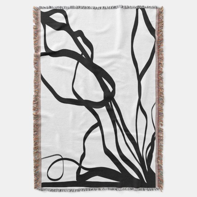 Bouquet Blanc: Abstract White & Black Throw Blanket (Front Vertical)