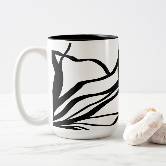 Bouquet Blanc: Abstract White & Black Two-Tone Coffee Mug (With Donut)