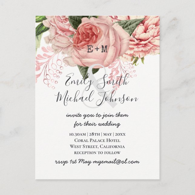 Bouquet Blush Pink Gold Roses Floral Wedding Postcard (Front)