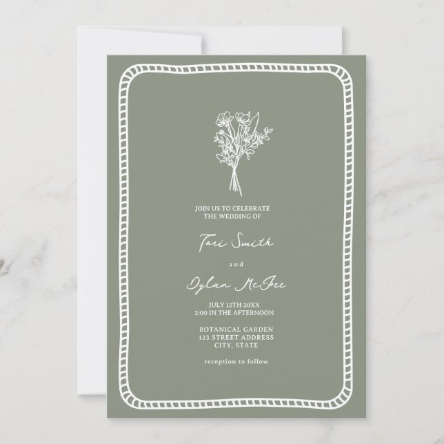 Bouquet Border Blush Sage Green Wedding Invitation (Front)