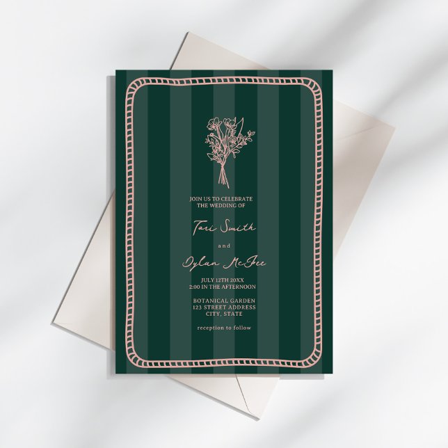 Bouquet Border Green Stripe Pink Wedding Invitation (Creator Uploaded)