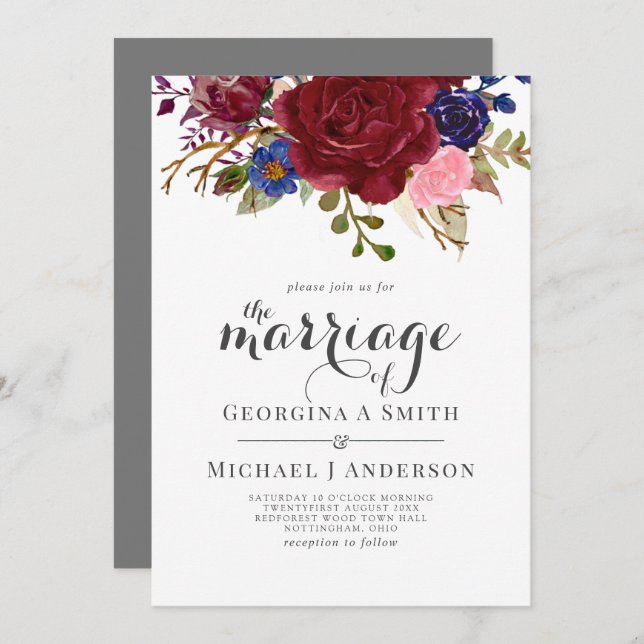 Bouquet Burgundy Blue Pink Flowers WEDDING Invitation (Front/Back)