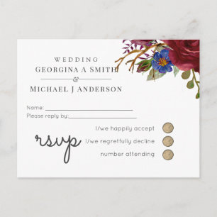 Bouquet Burgundy Blue Pink WEDDING RSVP Invitation Postcard