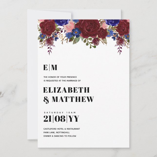 Bouquet Burgundy Blue Roses Wedding Invite (Front)