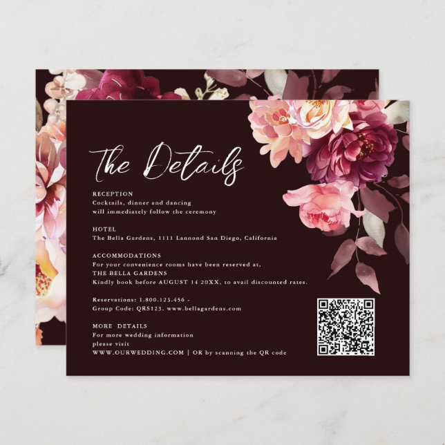 Bouquet Floral Burgundy QR code Details Wedding  (Front/Back)