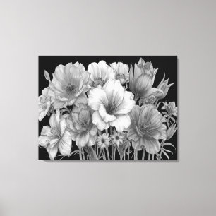 Bouquet Of Blooming Flowers In B+W on a Wall Canvas Print