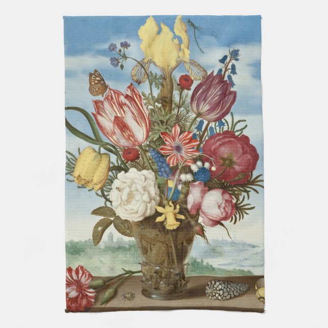 Bouquet of Flowers Ambrosius Bosschaert Fine Art Tea Towel (Vertical)
