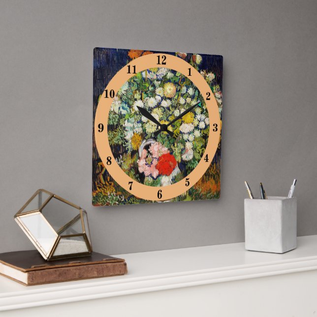 Bouquet of Flowers in a Vase by Vincent Van Gogh  Square Wall Clock (Office)