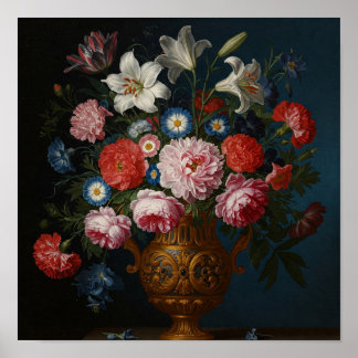 Bouquet of flowers in old detailed vase-vintage poster