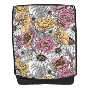 Bouquet of flowers- roses, peonies, daisies ans fe backpack