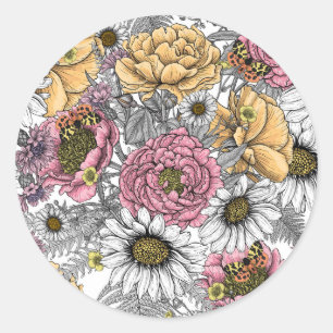 Bouquet of flowers- roses, peonies, daisies ans fe classic round sticker