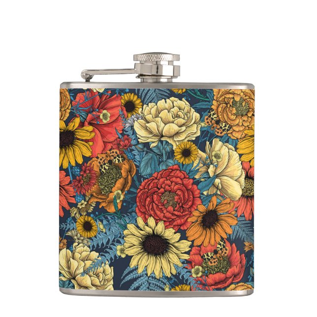 Bouquet of flowers- roses, peonies, daisies ans fe hip flask (Front)