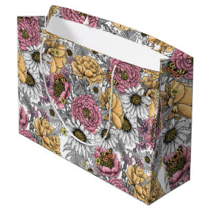 Bouquet of flowers- roses, peonies, daisies ans fe large gift bag