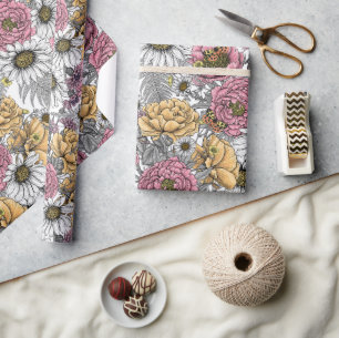 Bouquet of flowers- roses, peonies, daisies ans fe wrapping paper