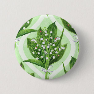 Bouquet of lilly of the valley flowers on green 6 cm round badge