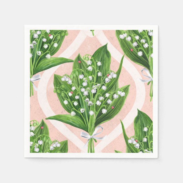 Bouquet of lilly of the valley flowers on pink napkin (Front)