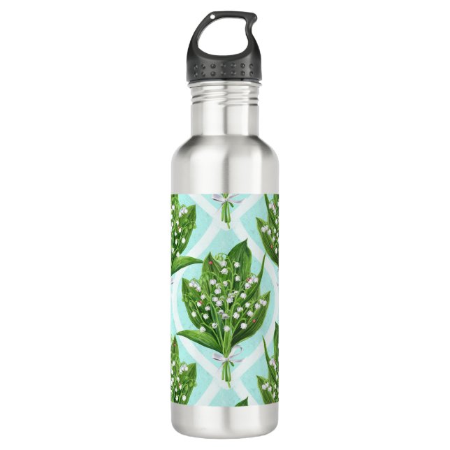 Bouquet of lily of the valley flowers on blue 710 ml water bottle (Front)