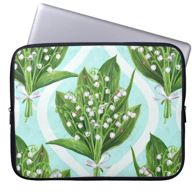 Bouquet of lily of the valley flowers on blue laptop sleeve (Front)
