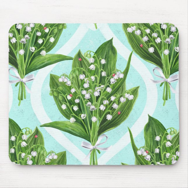 Bouquet of lily of the valley flowers on blue mouse pad (Front)