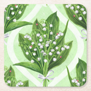 Bouquet of lily of the valley flowers on blue square paper coaster