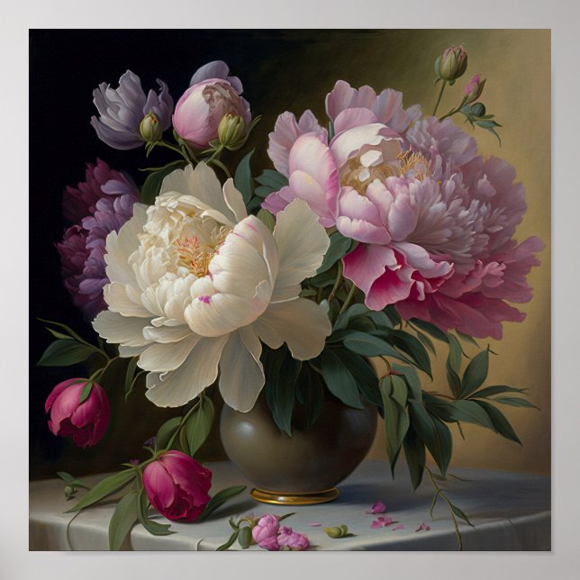 Bouquet Of Peonies In A Vase On Table  Poster (Front)