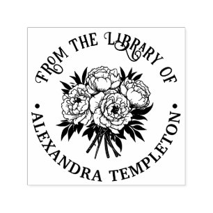 Bouquet of Peonies Library Book Name Embosser Self-inking Stamp