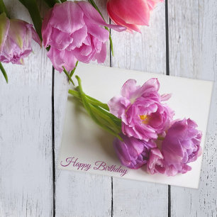 Bouquet of pink blooming tulips. Happy Birthday Postcard