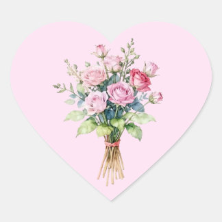 Bouquet of Pink Flowers Heart Stickers - Pink
