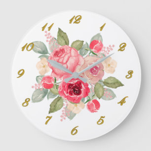 Bouquet of Pink Painted Roses and Gold Numbers  Large Clock