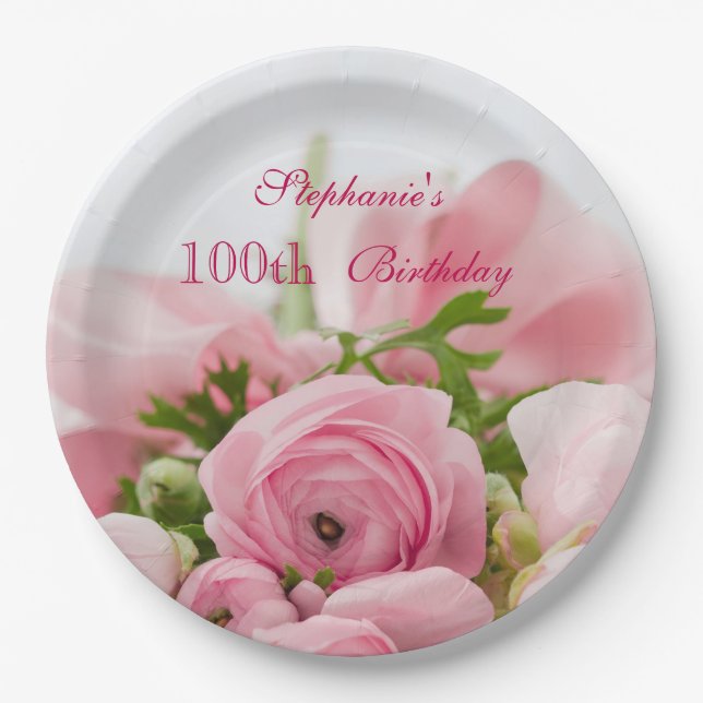 Bouquet Of Pink Roses 100th Birthday Paper Plate (Front)
