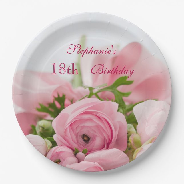 Bouquet Of Pink Roses 18th Birthday Paper Plate (Front)