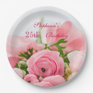 Bouquet Of Pink Roses 25th Birthday Paper Plate