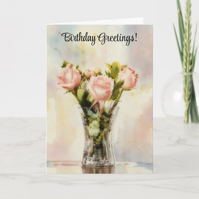 Bouquet of Pink Roses in a Vase Birthday Card (Front)