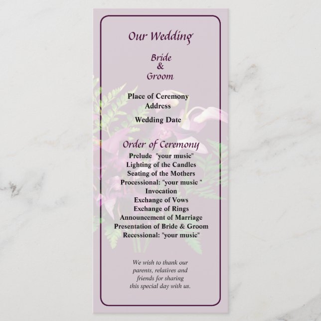 Bouquet of Purple Orchids and Fern Wedding Program Programme (Front)