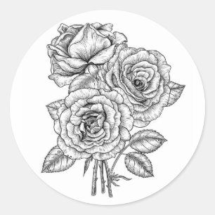 Bouquet of roses in black and white classic round sticker