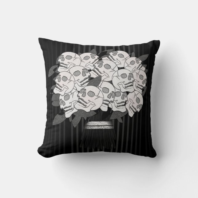 Bouquet of Skull Roses Black & White Cushion (Front)