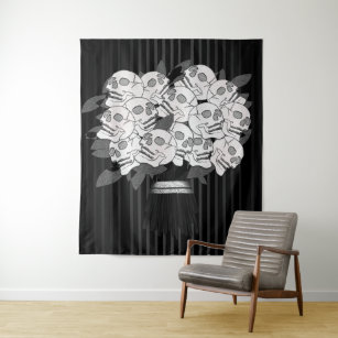 Bouquet of Skull Roses Black & White Tapestry