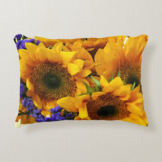 Bouquet of Sunflowers and Purple Statice Decorative Cushion (Front)