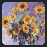 Bouquet of Sunflowers by Claude Monet, Vintage Art Square Sticker<br><div class="desc">Bouquet of Sunflowers (1881) by Claude Monet is a vintage impressionist fine art floral still life painting. Yellow blooming flowers from the garden. A bouquet of summer season sunflower in a vase. About the artist: Claude Monet (1840-1926) was a founder of the French impressionist painting movement with most of his...</div>