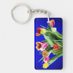 Bouquet of tulips on blue key ring
