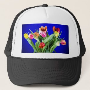 Bouquet of tulips on blue trucker hat