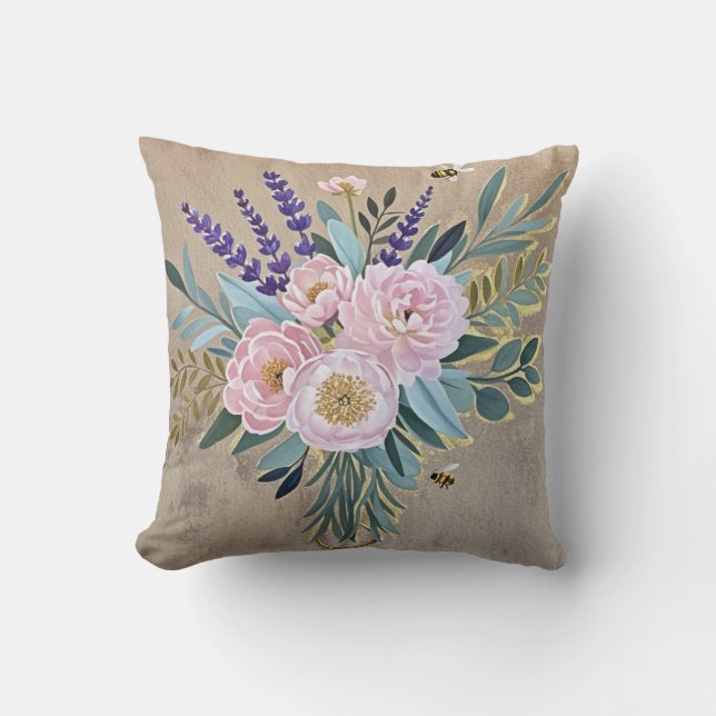Bouquet peonies lavender flowers Rustic Cushion (Front)
