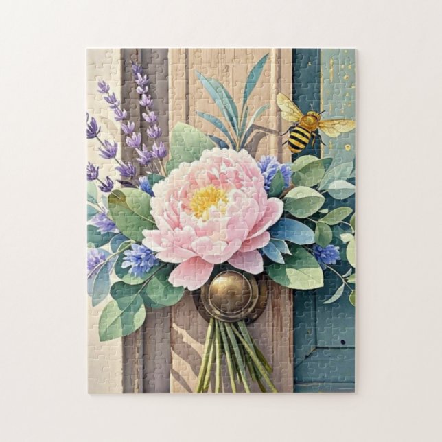 Bouquet peonies lavender flowers Rustic Jigsaw Puzzle (Vertical)