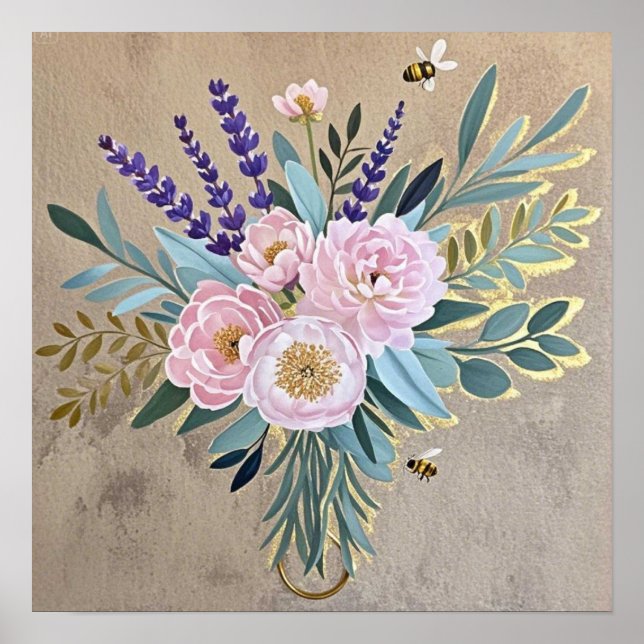 Bouquet peonies lavender flowers Rustic Poster (Front)