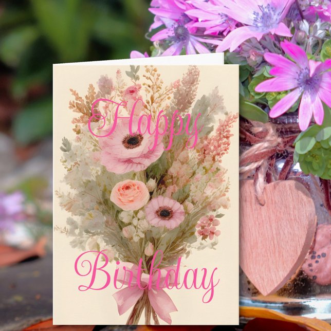 Bouquet Pink Spring Flowers Happy Birthday Card (Creator Uploaded)